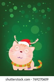 Cute cat wearing a red hat and scarf to imitate Santa Claus on snow fall green background. Waiting for the love of the owner.