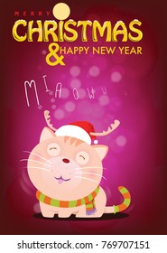 Cute cat wearing a red hat and scarf to imitate Santa Claus on snow fall green background. Waiting for the love of the owner. / resubmit ID 769596124