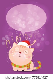 Cute cat wearing a red hat and scarf to imitate Santa Claus on snow fall blue background. Waiting for the love from lover front of full moon background.