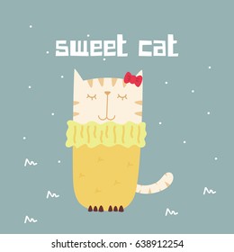 Cute Cat wearing ribbon Design for tee print, t-shirt, embroidery, shirt, mug, bag, lunchbox, wallpaper, tote bag, poster and banner flat design for kids. Retro vector illustration