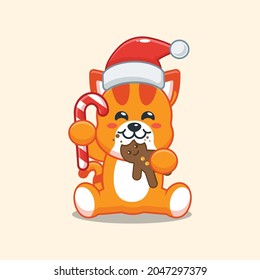 Cute cat wearing santa hat and eating christmas cookies. Cute christmas cartoon illustration