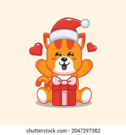 Cute cat wearing santa hat with gift box in christmas day. Cute christmas cartoon illustration
