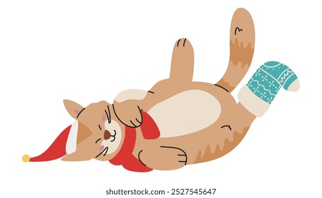 Gato bonito vestindo chapéu de Papai Noel, cachecol e uma meia deitada na ilustração vetor plana traseira isolada no branco.