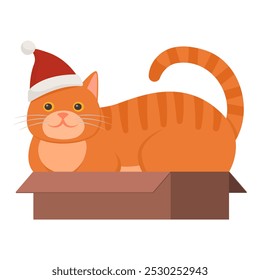 Cute cat wearing a Santa hat and sitting inside a cardboard box