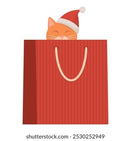 Cute cat wearing a Santa hat and standing inside a shopping bag as a Christmas gift, isolated