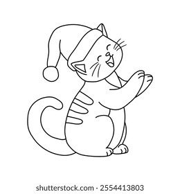 Cute cat wearing santa hat christmas coloring pages for kids. Trace and color cute cat Christmas character. Holiday seasons worksheet printable for kids. Christmas worksheet.