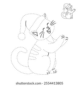 Cute cat wearing santa hat christmas coloring pages for kids. Trace and color cute cat Christmas character. Holiday seasons worksheet printable for kids. Christmas worksheet.