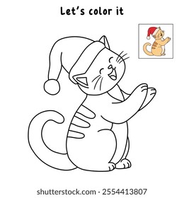 Cute cat wearing santa hat christmas coloring pages for kids. Trace and color cute cat Christmas character. Holiday seasons worksheet printable for kids. Christmas worksheet.