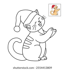 Cute cat wearing santa hat christmas coloring pages for kids. Trace and color cute cat Christmas character. Holiday seasons worksheet printable for kids. Christmas worksheet.