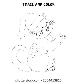 Cute cat wearing santa hat christmas coloring pages for kids. Trace and color cute cat Christmas character. Holiday seasons worksheet printable for kids. Christmas worksheet.