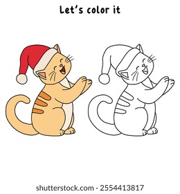 Cute cat wearing santa hat christmas coloring pages for kids. Trace and color cute cat Christmas character. Holiday seasons worksheet printable for kids. Christmas worksheet.