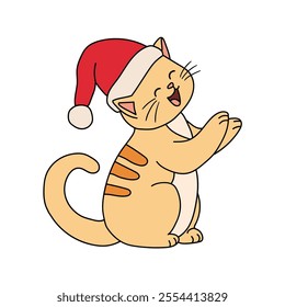 Cute cat wearing santa hat christmas coloring pages for kids. Trace and color cute cat Christmas character. Holiday seasons worksheet printable for kids. Christmas worksheet.