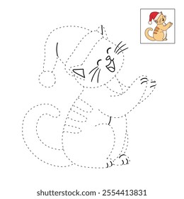 Cute cat wearing santa hat christmas coloring pages for kids. Trace and color cute cat Christmas character. Holiday seasons worksheet printable for kids. Christmas worksheet.