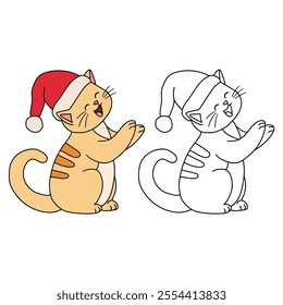 Cute cat wearing santa hat christmas coloring pages for kids. Trace and color cute cat Christmas character. Holiday seasons worksheet printable for kids. Christmas worksheet.