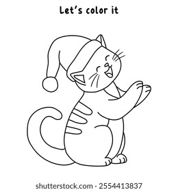 Cute cat wearing santa hat christmas coloring pages for kids. Trace and color cute cat Christmas character. Holiday seasons worksheet printable for kids. Christmas worksheet.