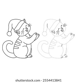 Cute cat wearing santa hat christmas coloring pages for kids. Trace and color cute cat Christmas character. Holiday seasons worksheet printable for kids. Christmas worksheet.
