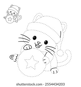 Cute cat wearing santa hat playing with christmas ball tree coloring pages for kids. Trace and color cute kitten Christmas character. Holiday seasons worksheet printable for kids. Christmas worksheet.