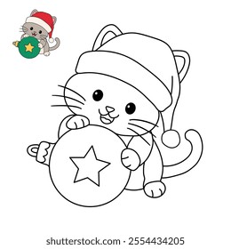 Cute cat wearing santa hat playing with christmas ball tree coloring pages for kids. Trace and color cute kitten Christmas character. Holiday seasons worksheet printable for kids. Christmas worksheet.