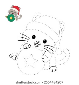 Cute cat wearing santa hat playing with christmas ball tree coloring pages for kids. Trace and color cute kitten Christmas character. Holiday seasons worksheet printable for kids. Christmas worksheet.