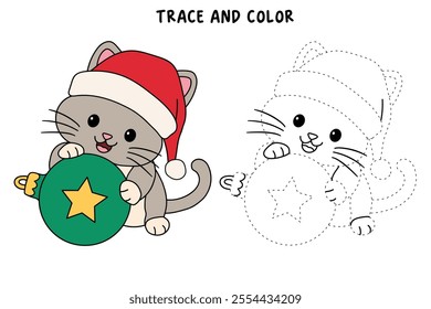 Cute cat wearing santa hat playing with christmas ball tree coloring pages for kids. Trace and color cute kitten Christmas character. Holiday seasons worksheet printable for kids. Christmas worksheet.