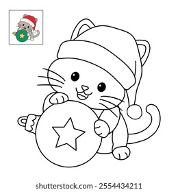 Cute cat wearing santa hat playing with christmas ball tree coloring pages for kids. Trace and color cute kitten Christmas character. Holiday seasons worksheet printable for kids. Christmas worksheet.