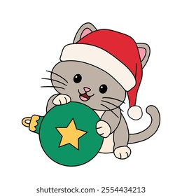 Cute cat wearing santa hat playing with christmas ball tree coloring pages for kids. Trace and color cute kitten Christmas character. Holiday seasons worksheet printable for kids. Christmas worksheet.