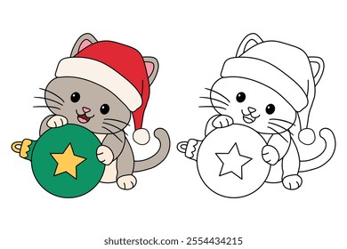 Cute cat wearing santa hat playing with christmas ball tree coloring pages for kids. Trace and color cute kitten Christmas character. Holiday seasons worksheet printable for kids. Christmas worksheet.