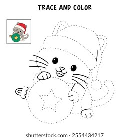 Cute cat wearing santa hat playing with christmas ball tree coloring pages for kids. Trace and color cute kitten Christmas character. Holiday seasons worksheet printable for kids. Christmas worksheet.