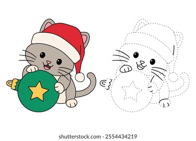 Cute cat wearing santa hat playing with christmas ball tree coloring pages for kids. Trace and color cute kitten Christmas character. Holiday seasons worksheet printable for kids. Christmas worksheet.