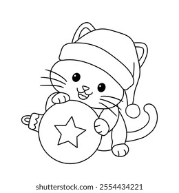 Cute cat wearing santa hat playing with christmas ball tree coloring pages for kids. Trace and color cute kitten Christmas character. Holiday seasons worksheet printable for kids. Christmas worksheet.