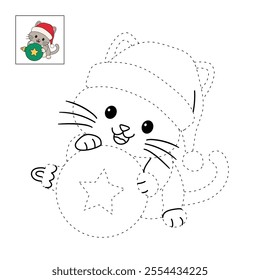 Cute cat wearing santa hat playing with christmas ball tree coloring pages for kids. Trace and color cute kitten Christmas character. Holiday seasons worksheet printable for kids. Christmas worksheet.