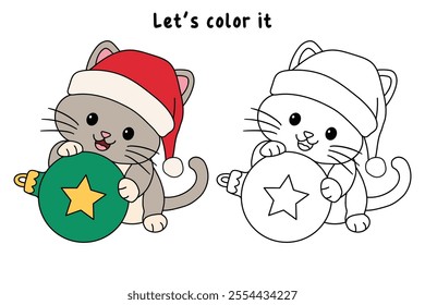 Cute cat wearing santa hat playing with christmas ball tree coloring pages for kids. Trace and color cute kitten Christmas character. Holiday seasons worksheet printable for kids. Christmas worksheet.