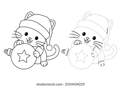 Cute cat wearing santa hat playing with christmas ball tree coloring pages for kids. Trace and color cute kitten Christmas character. Holiday seasons worksheet printable for kids. Christmas worksheet.