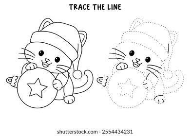 Cute cat wearing santa hat playing with christmas ball tree coloring pages for kids. Trace and color cute kitten Christmas character. Holiday seasons worksheet printable for kids. Christmas worksheet.