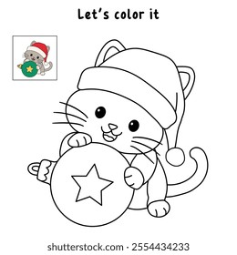 Cute cat wearing santa hat playing with christmas ball tree coloring pages for kids. Trace and color cute kitten Christmas character. Holiday seasons worksheet printable for kids. Christmas worksheet.