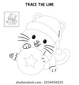 Cute cat wearing santa hat playing with christmas ball tree coloring pages for kids. Trace and color cute kitten Christmas character. Holiday seasons worksheet printable for kids. Christmas worksheet.