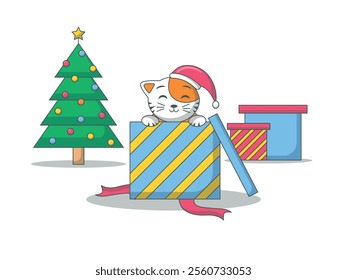 Cute cat wearing Santaclaus hat coming out of presents with decorations on Christmas day. Character design. Vector flat illustration