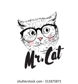 Cute cat wearing spectacles vector print with inscription black and pink color