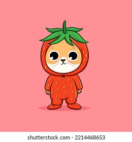 Cute cat wearing strawberry costume cartoon vector icon illustration, cat sticker character