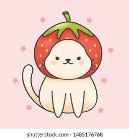 Cute cat wearing strawberry hat  hand drawn cartoon animal character. Hand drawing vector. Cartoon character design.