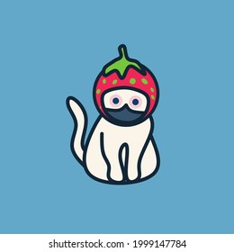 cute cat wearing a strawberry hat and wearing a mask on his mouth