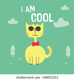 Cute Cat wearing sunglasses Design for tee print, t-shirt, embroidery, shirt, mug, bag, lunchbox, wallpaper, tote bag, poster and banner flat design for kids. Retro vector illustration