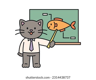 Cute cat. A cat wearing a tie is explaining in front of a blackboard.