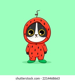 Cute cat wearing watermelon costume cartoon vector icon illustration, cat sticker character