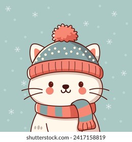 Gato lindo con sombrero de invierno y bufanda con fondo de nieve