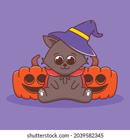 cute cat wearing witch hat illustration
