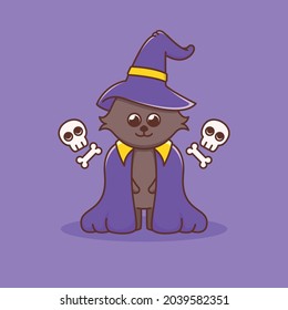 cute cat wearing witch hat illustration