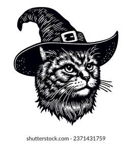 cute cat wearing a witch hat Halloween vector sketch