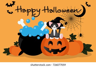 Cute cat wearing witch hat sitting on Halloween pumpkin lantern near a magic potion pot with bones, spiders hanging on cobweb, flying bats and Happy Halloween text with crescent moon