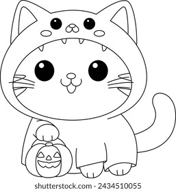 The cute cat wears a Halloween costume coloring page. Cartoon charactor illustration colouring book for kids